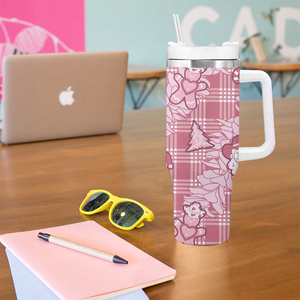 Pink Palaka Hawaii Cowboy Christmas Tumbler With Handle Paniolo Mix Maile Lei - Polynesian Pride