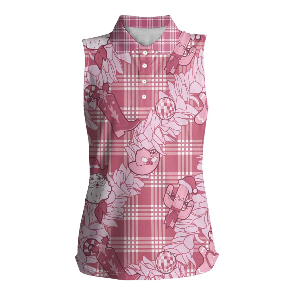 Pink Palaka Hawaii Cowboy Christmas Women Sleeveless Polo Shirt Paniolo Mix Maile Lei LT7 Female Pink - Polynesian Pride