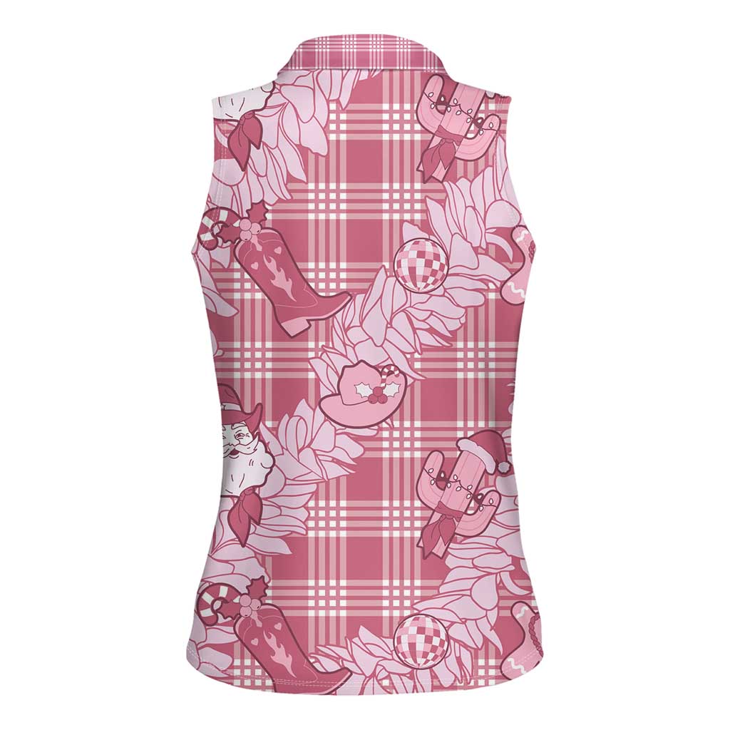 Pink Palaka Hawaii Cowboy Christmas Women Sleeveless Polo Shirt Paniolo Mix Maile Lei LT7 - Polynesian Pride