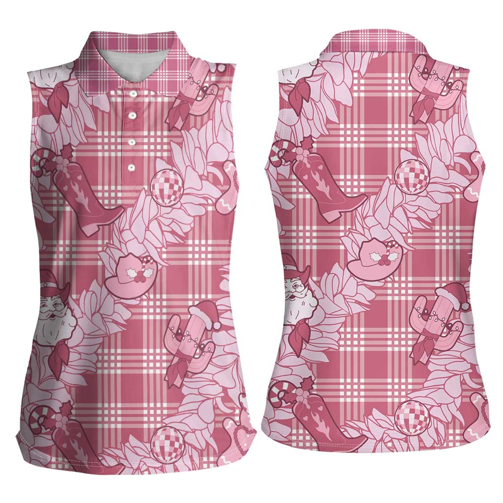 Pink Palaka Hawaii Cowboy Christmas Women Sleeveless Polo Shirt Paniolo Mix Maile Lei LT7 - Polynesian Pride