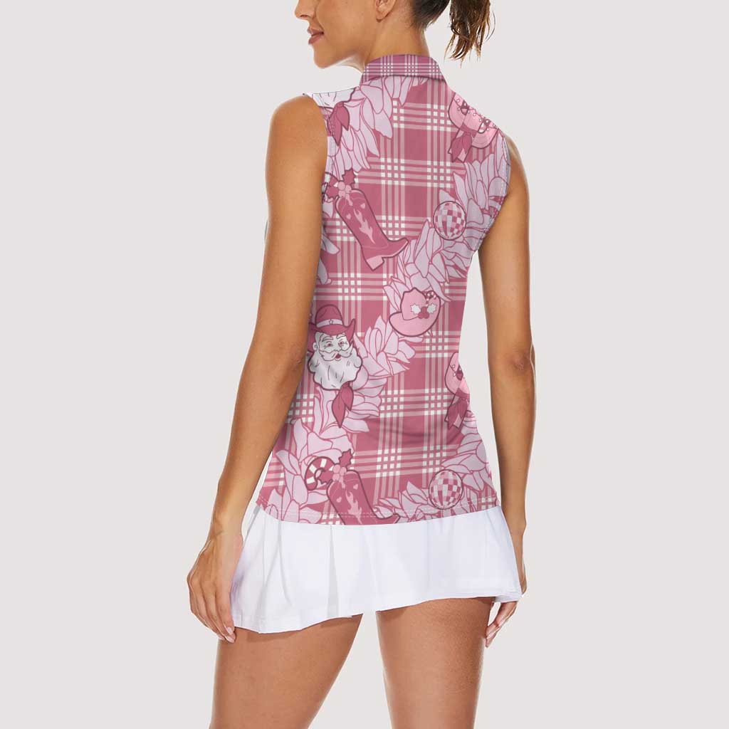 Pink Palaka Hawaii Cowboy Christmas Women Sleeveless Polo Shirt Paniolo Mix Maile Lei LT7 - Polynesian Pride