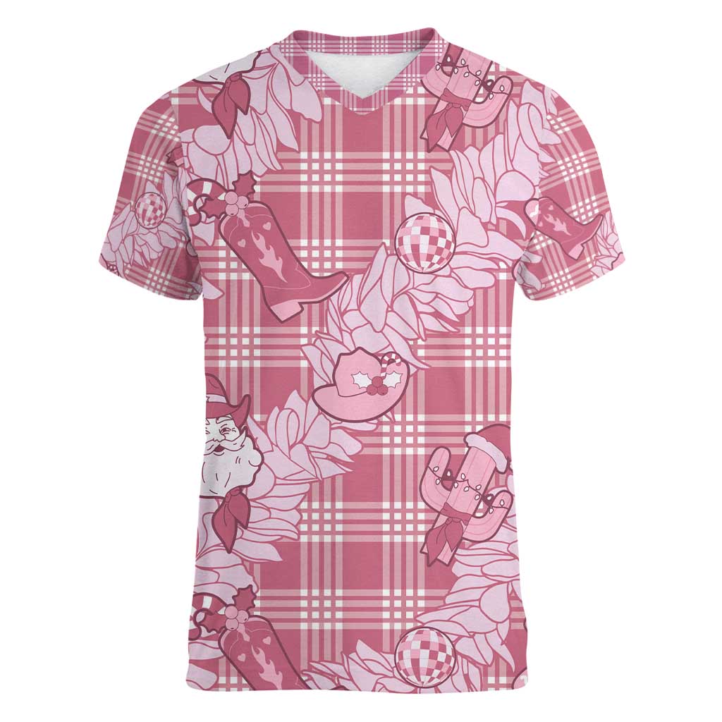 Pink Palaka Hawaii Cowboy Christmas Women V-Neck T-Shirt Paniolo Mix Maile Lei LT7 Female Pink - Polynesian Pride