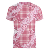 Pink Palaka Hawaii Cowboy Christmas Women V-Neck T-Shirt Paniolo Mix Maile Lei LT7 - Polynesian Pride