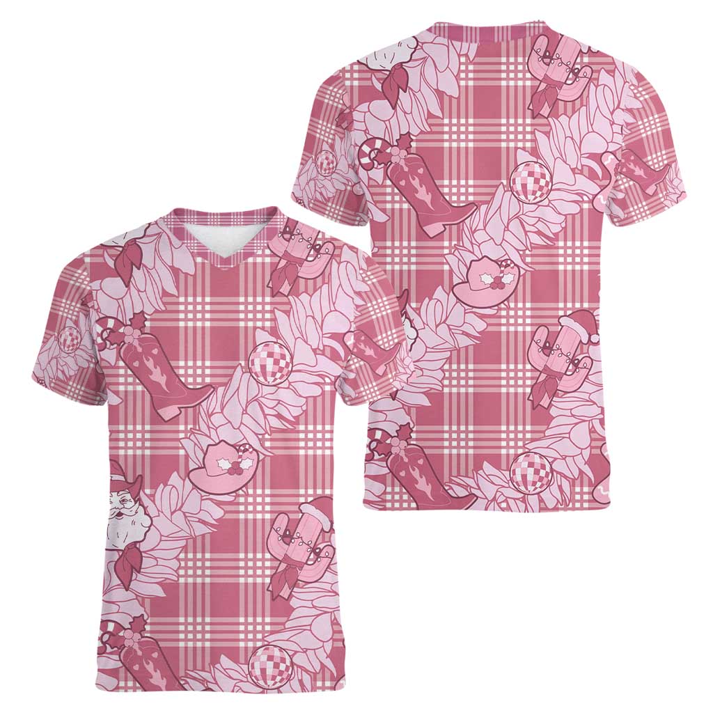 Pink Palaka Hawaii Cowboy Christmas Women V-Neck T-Shirt Paniolo Mix Maile Lei LT7 - Polynesian Pride