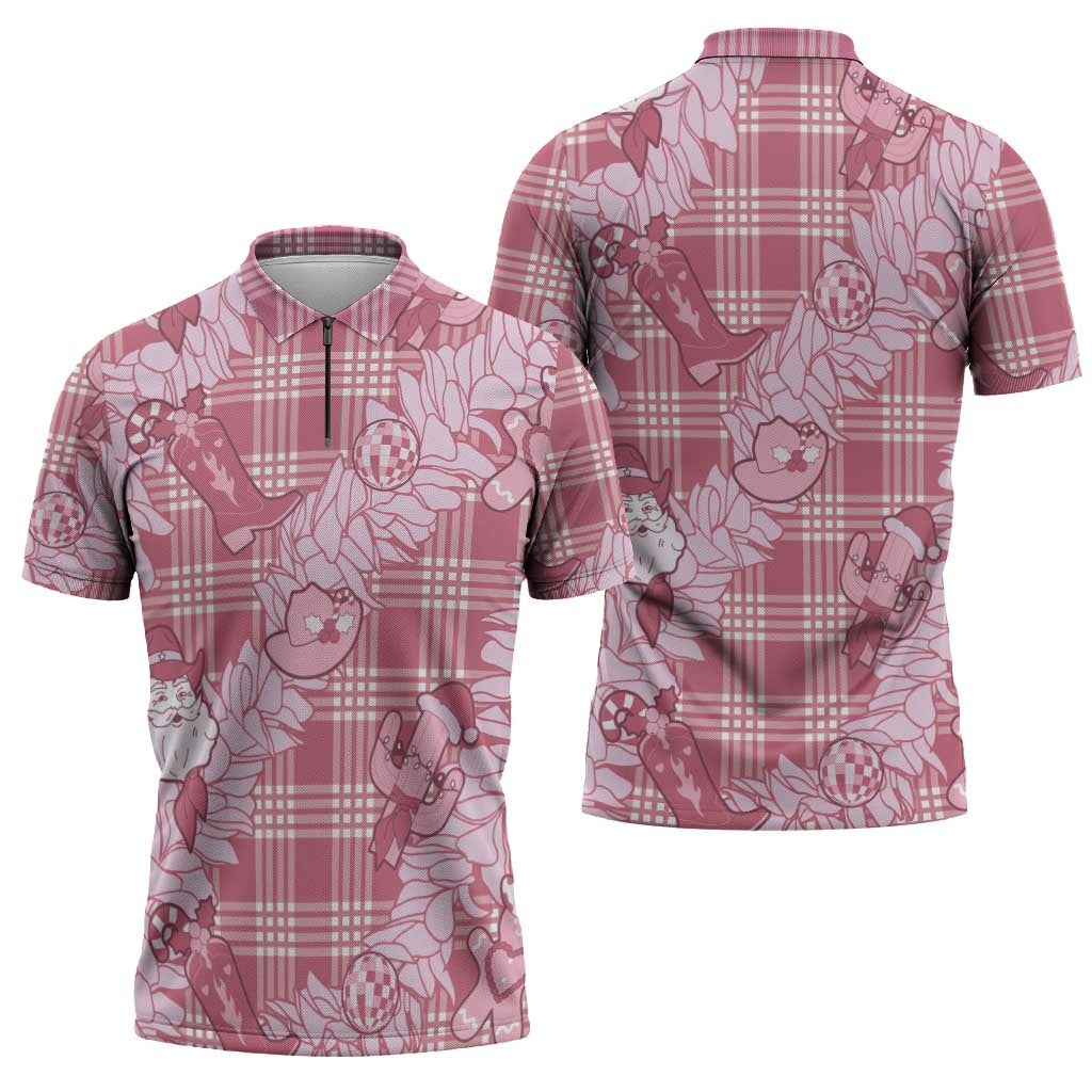 Pink Palaka Hawaii Cowboy Christmas Zipper Polo Shirt Paniolo Mix Maile Lei LT7 - Polynesian Pride