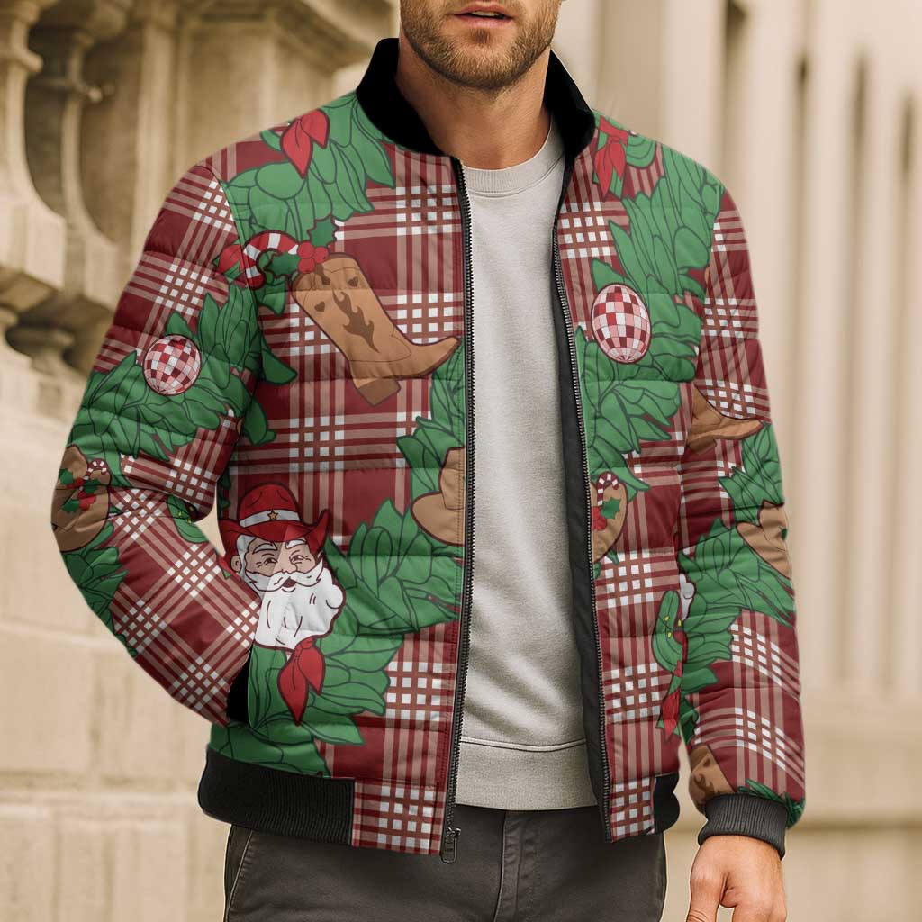 Red Palaka Hawaii Cowboy Christmas Bomber Puffer Jacket Paniolo Mix Maile Lei - Polynesian Pride