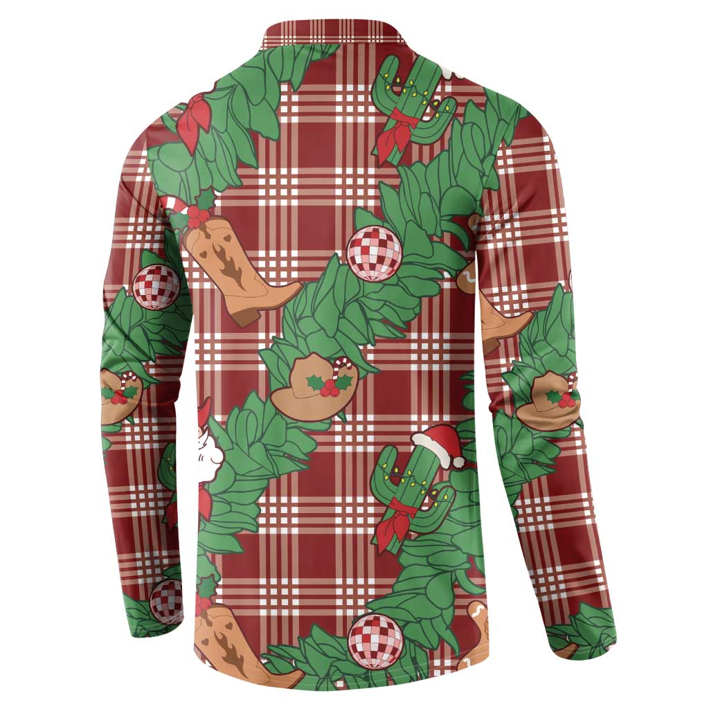 Red Palaka Hawaii Cowboy Christmas Button Sweatshirt Paniolo Mix Maile Lei - Polynesian Pride