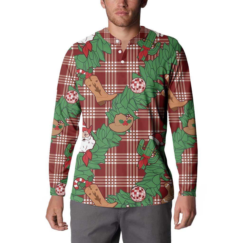 Red Palaka Hawaii Cowboy Christmas Button Sweatshirt Paniolo Mix Maile Lei - Polynesian Pride
