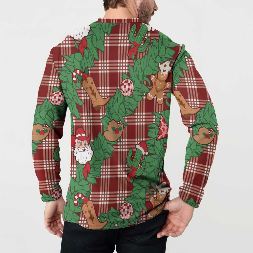 Red Palaka Hawaii Cowboy Christmas Button Sweatshirt Paniolo Mix Maile Lei - Polynesian Pride