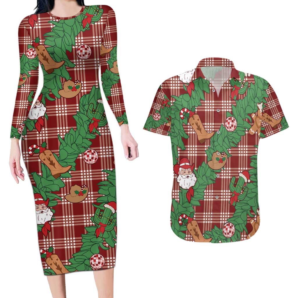 Red Palaka Hawaii Cowboy Christmas Couples Matching Long Sleeve Bodycon Dress and Hawaiian Shirt Paniolo Mix Maile Lei - Polynesian Pride
