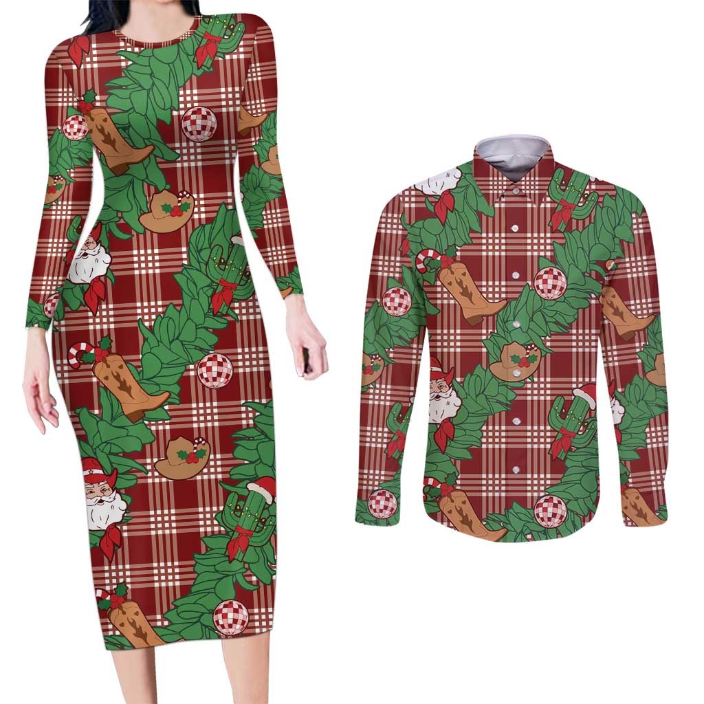 Red Palaka Hawaii Cowboy Christmas Couples Matching Long Sleeve Bodycon Dress and Long Sleeve Button Shirt Paniolo Mix Maile Lei LT7 Red - Polynesian Pride