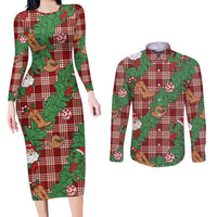 Red Palaka Hawaii Cowboy Christmas Couples Matching Long Sleeve Bodycon Dress and Long Sleeve Button Shirt Paniolo Mix Maile Lei LT7 Red - Polynesian Pride