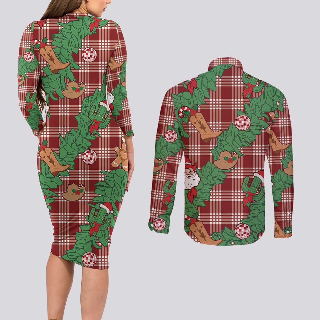 Red Palaka Hawaii Cowboy Christmas Couples Matching Long Sleeve Bodycon Dress and Long Sleeve Button Shirt Paniolo Mix Maile Lei LT7 - Polynesian Pride