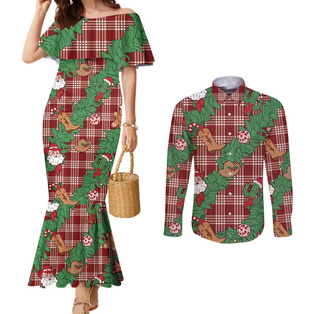 Red Palaka Hawaii Cowboy Christmas Couples Matching Mermaid Dress and Long Sleeve Button Shirt Paniolo Mix Maile Lei - Polynesian Pride
