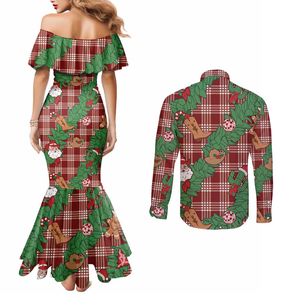 Red Palaka Hawaii Cowboy Christmas Couples Matching Mermaid Dress and Long Sleeve Button Shirt Paniolo Mix Maile Lei LT7 - Polynesian Pride