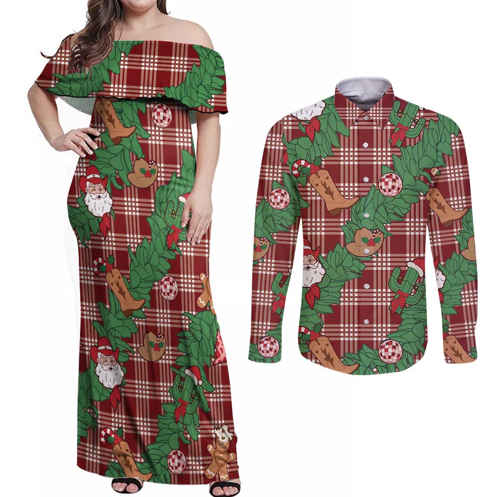 Red Palaka Hawaii Cowboy Christmas Couples Matching Off Shoulder Maxi Dress and Long Sleeve Button Shirt Paniolo Mix Maile Lei - Polynesian Pride