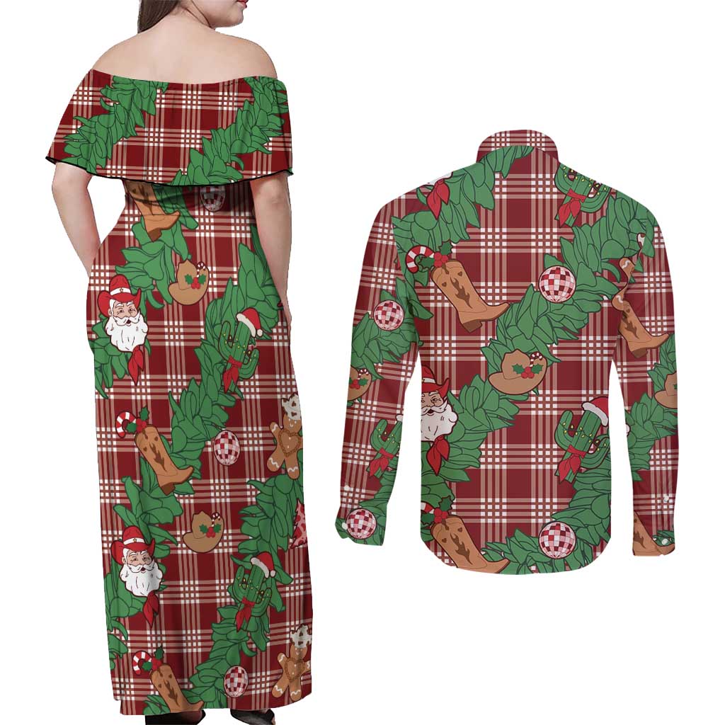 Red Palaka Hawaii Cowboy Christmas Couples Matching Off Shoulder Maxi Dress and Long Sleeve Button Shirt Paniolo Mix Maile Lei LT7 - Polynesian Pride