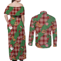 Red Palaka Hawaii Cowboy Christmas Couples Matching Off Shoulder Maxi Dress and Long Sleeve Button Shirt Paniolo Mix Maile Lei LT7 - Polynesian Pride
