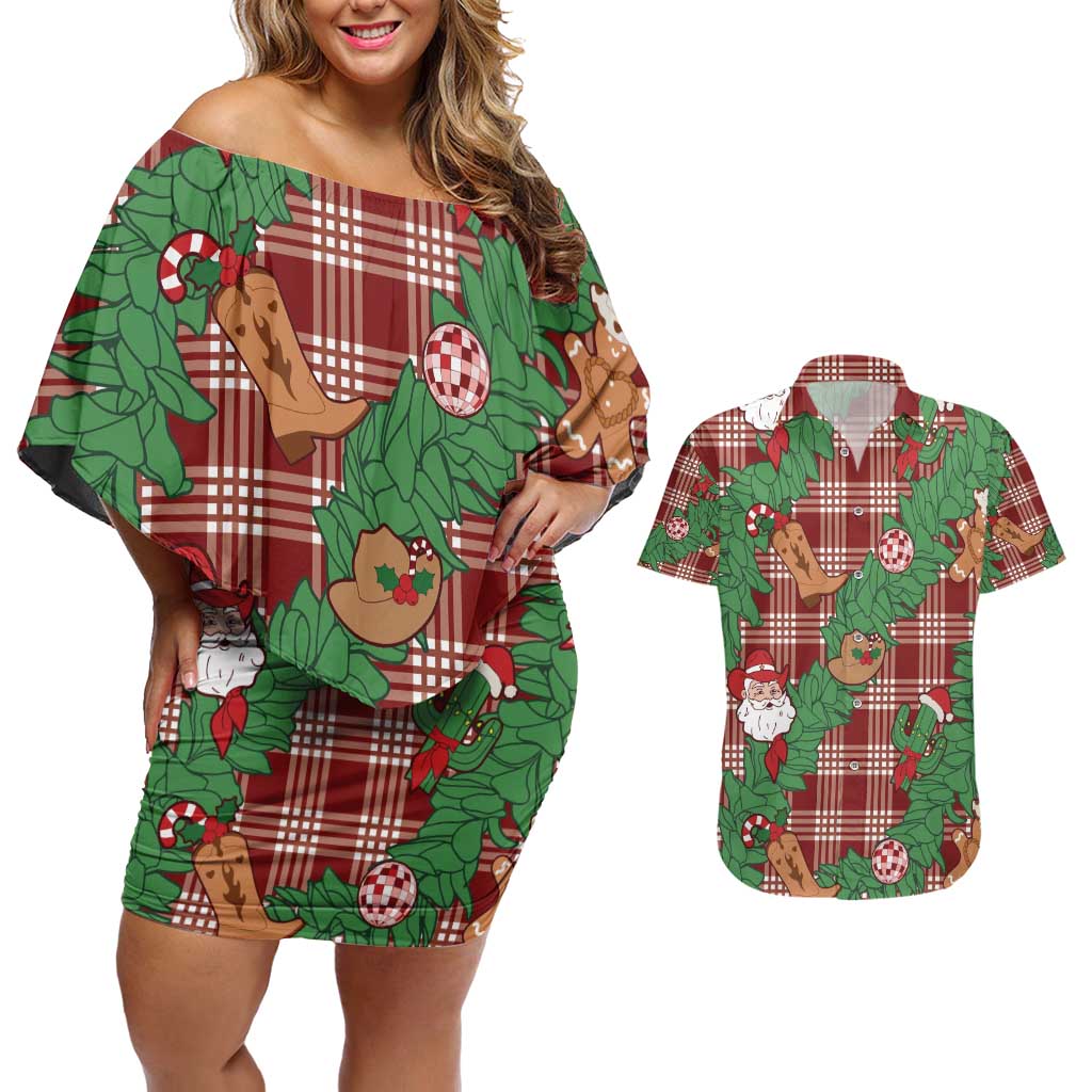 Red Palaka Hawaii Cowboy Christmas Couples Matching Off Shoulder Short Dress and Hawaiian Shirt Paniolo Mix Maile Lei LT7 Red - Polynesian Pride