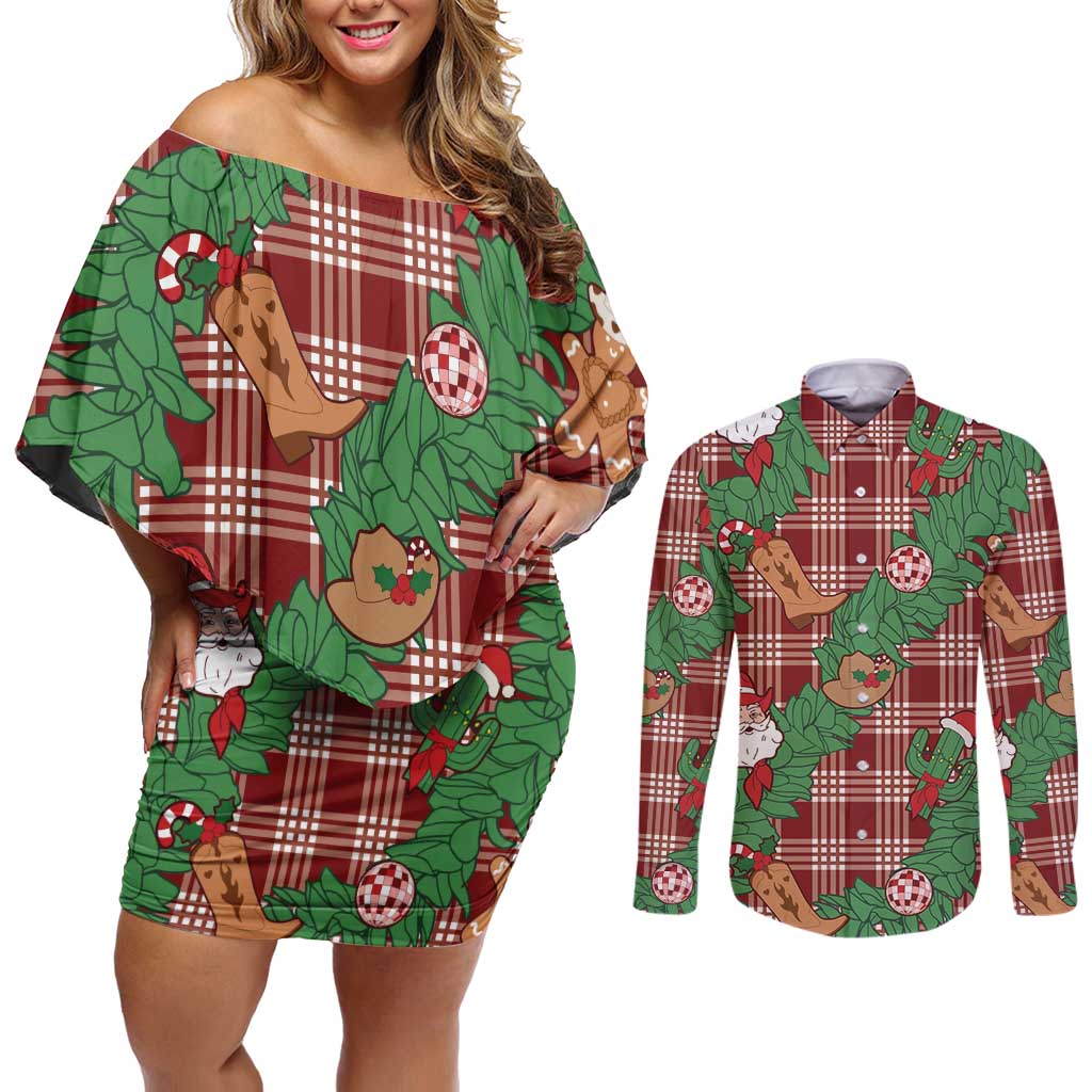 Red Palaka Hawaii Cowboy Christmas Couples Matching Off Shoulder Short Dress and Long Sleeve Button Shirt Paniolo Mix Maile Lei LT7 Red - Polynesian Pride