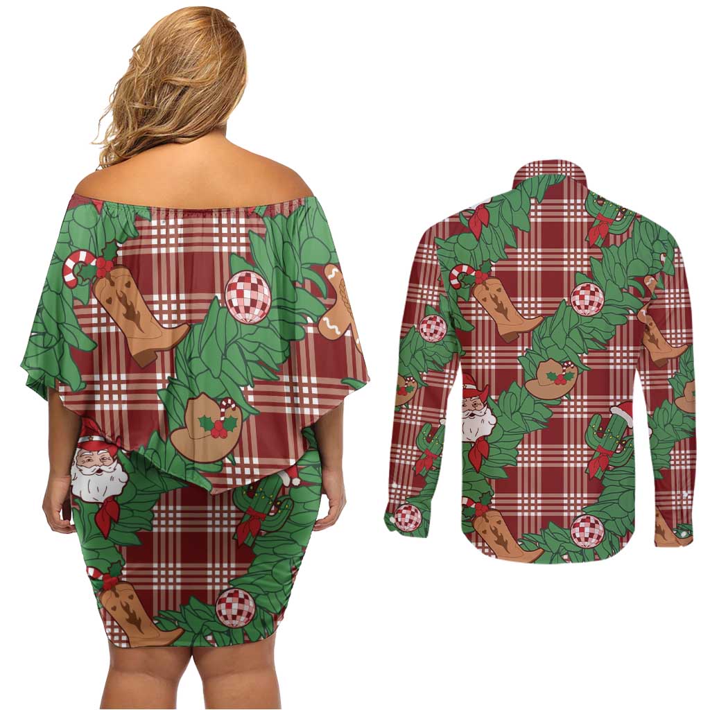 Red Palaka Hawaii Cowboy Christmas Couples Matching Off Shoulder Short Dress and Long Sleeve Button Shirt Paniolo Mix Maile Lei LT7 - Polynesian Pride