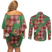 Red Palaka Hawaii Cowboy Christmas Couples Matching Off Shoulder Short Dress and Long Sleeve Button Shirt Paniolo Mix Maile Lei LT7 - Polynesian Pride