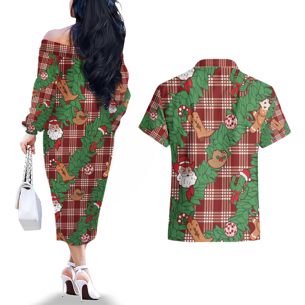 Red Palaka Hawaii Cowboy Christmas Couples Matching Off The Shoulder Long Sleeve Dress and Hawaiian Shirt Paniolo Mix Maile Lei LT7 - Polynesian Pride