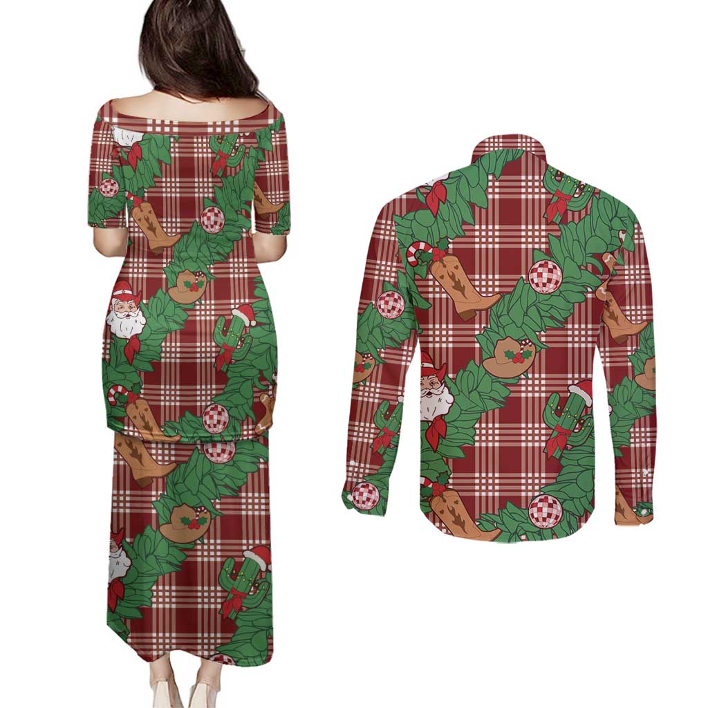 Red Palaka Hawaii Cowboy Christmas Couples Matching Puletasi and Long Sleeve Button Shirt Paniolo Mix Maile Lei LT7 - Polynesian Pride