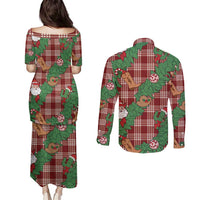 Red Palaka Hawaii Cowboy Christmas Couples Matching Puletasi and Long Sleeve Button Shirt Paniolo Mix Maile Lei LT7 - Polynesian Pride