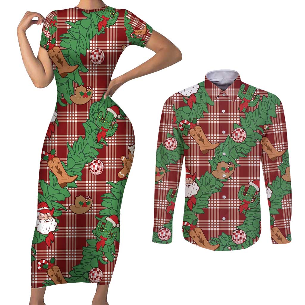 Red Palaka Hawaii Cowboy Christmas Couples Matching Short Sleeve Bodycon Dress and Long Sleeve Button Shirt Paniolo Mix Maile Lei LT7 Red - Polynesian Pride