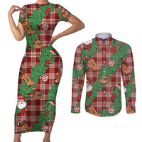 Red Palaka Hawaii Cowboy Christmas Couples Matching Short Sleeve Bodycon Dress and Long Sleeve Button Shirt Paniolo Mix Maile Lei LT7 Red - Polynesian Pride