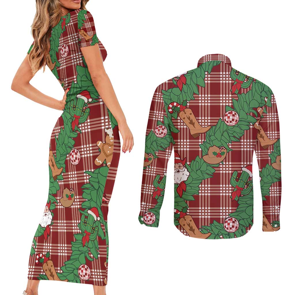 Red Palaka Hawaii Cowboy Christmas Couples Matching Short Sleeve Bodycon Dress and Long Sleeve Button Shirt Paniolo Mix Maile Lei LT7 - Polynesian Pride