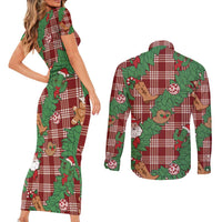 Red Palaka Hawaii Cowboy Christmas Couples Matching Short Sleeve Bodycon Dress and Long Sleeve Button Shirt Paniolo Mix Maile Lei LT7 - Polynesian Pride