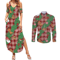 Red Palaka Hawaii Cowboy Christmas Couples Matching Summer Maxi Dress and Long Sleeve Button Shirt Paniolo Mix Maile Lei LT7 Red - Polynesian Pride