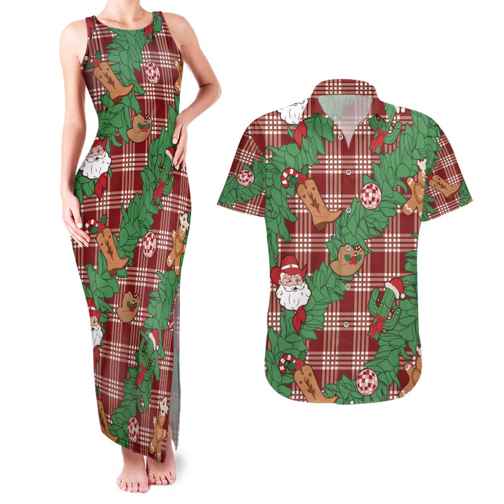 Red Palaka Hawaii Cowboy Christmas Couples Matching Tank Maxi Dress and Hawaiian Shirt Paniolo Mix Maile Lei LT7 Red - Polynesian Pride
