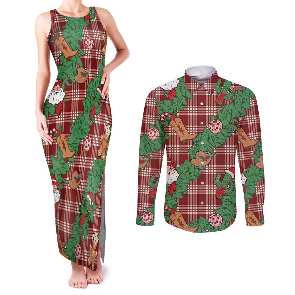 Red Palaka Hawaii Cowboy Christmas Couples Matching Tank Maxi Dress and Long Sleeve Button Shirt Paniolo Mix Maile Lei LT7 Red - Polynesian Pride