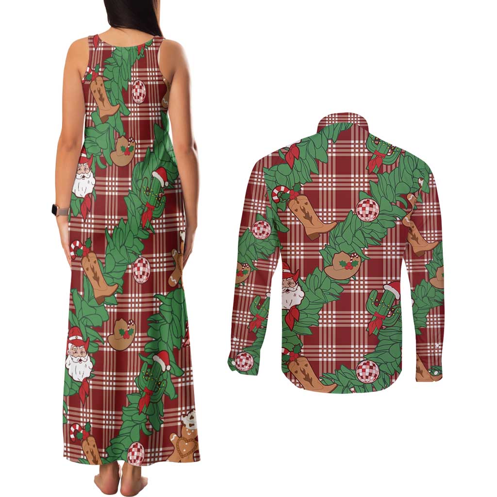 Red Palaka Hawaii Cowboy Christmas Couples Matching Tank Maxi Dress and Long Sleeve Button Shirt Paniolo Mix Maile Lei LT7 - Polynesian Pride
