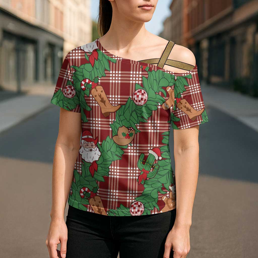 Red Palaka Hawaii Cowboy Christmas Cross Shoulder Shirt Paniolo Mix Maile Lei - Polynesian Pride