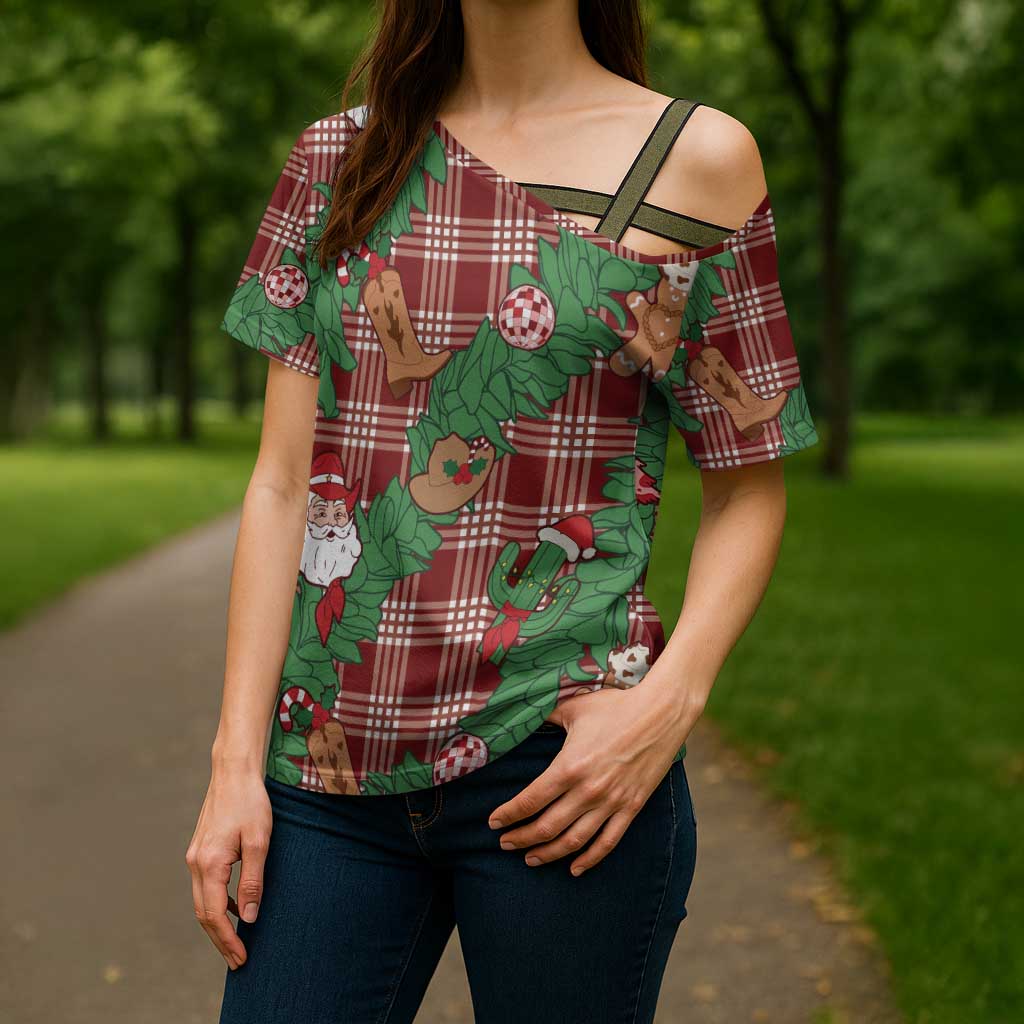 Red Palaka Hawaii Cowboy Christmas Cross Shoulder Shirt Paniolo Mix Maile Lei - Polynesian Pride