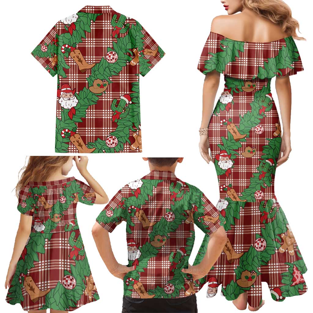Red Palaka Hawaii Cowboy Christmas Family Matching Mermaid Dress and Hawaiian Shirt Paniolo Mix Maile Lei LT7 - Polynesian Pride
