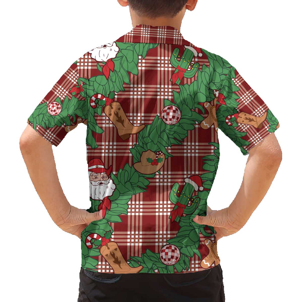 Red Palaka Hawaii Cowboy Christmas Family Matching Off The Shoulder Long Sleeve Dress and Hawaiian Shirt Paniolo Mix Maile Lei LT7 - Polynesian Pride