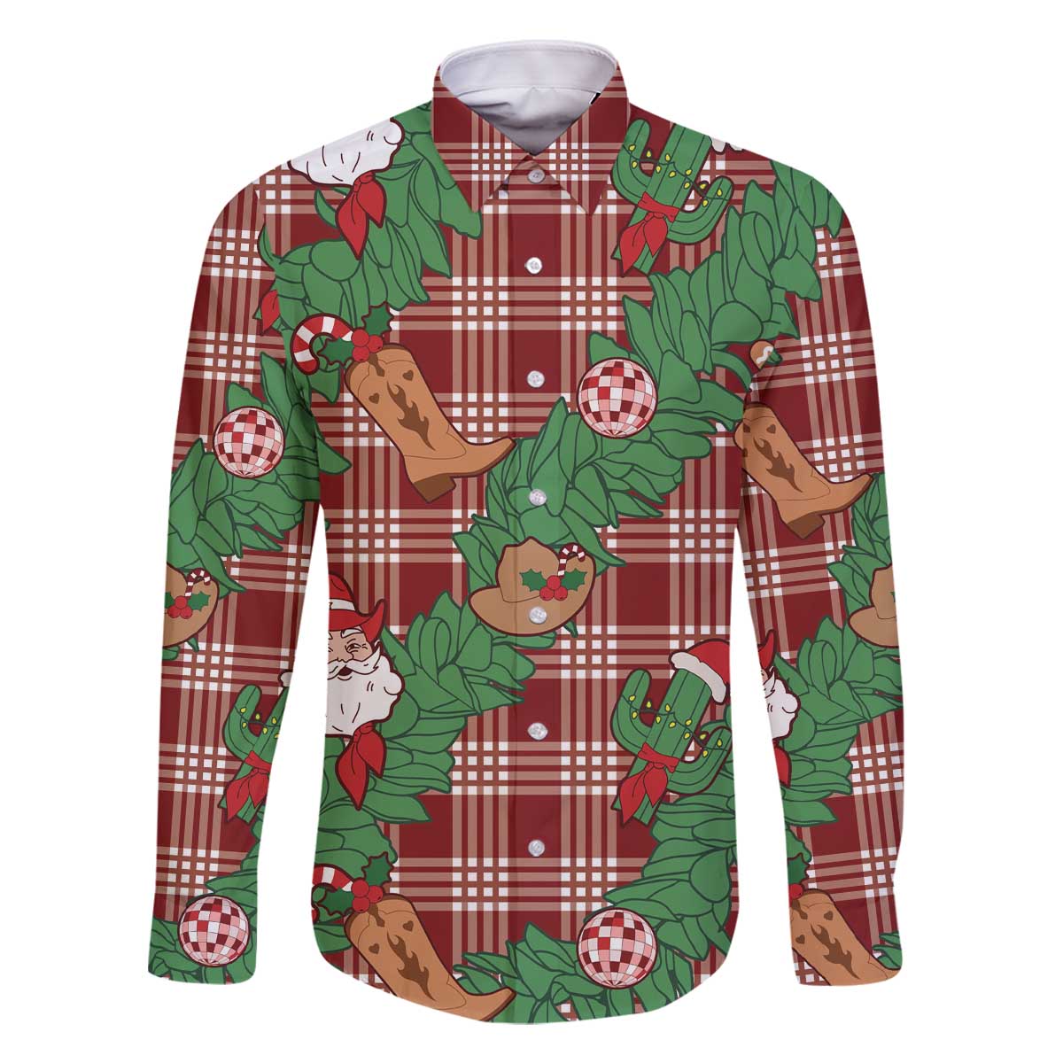 Red Palaka Hawaii Cowboy Christmas Family Matching Off The Shoulder Long Sleeve Dress and Hawaiian Shirt Paniolo Mix Maile Lei LT7 Dad's Shirt - Long Sleeve Red - Polynesian Pride