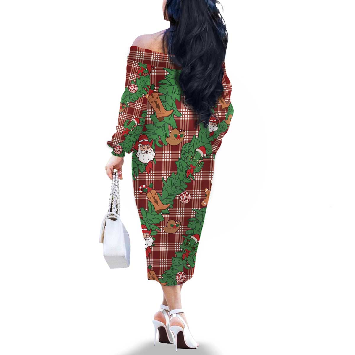 Red Palaka Hawaii Cowboy Christmas Family Matching Off The Shoulder Long Sleeve Dress and Hawaiian Shirt Paniolo Mix Maile Lei LT7 - Polynesian Pride