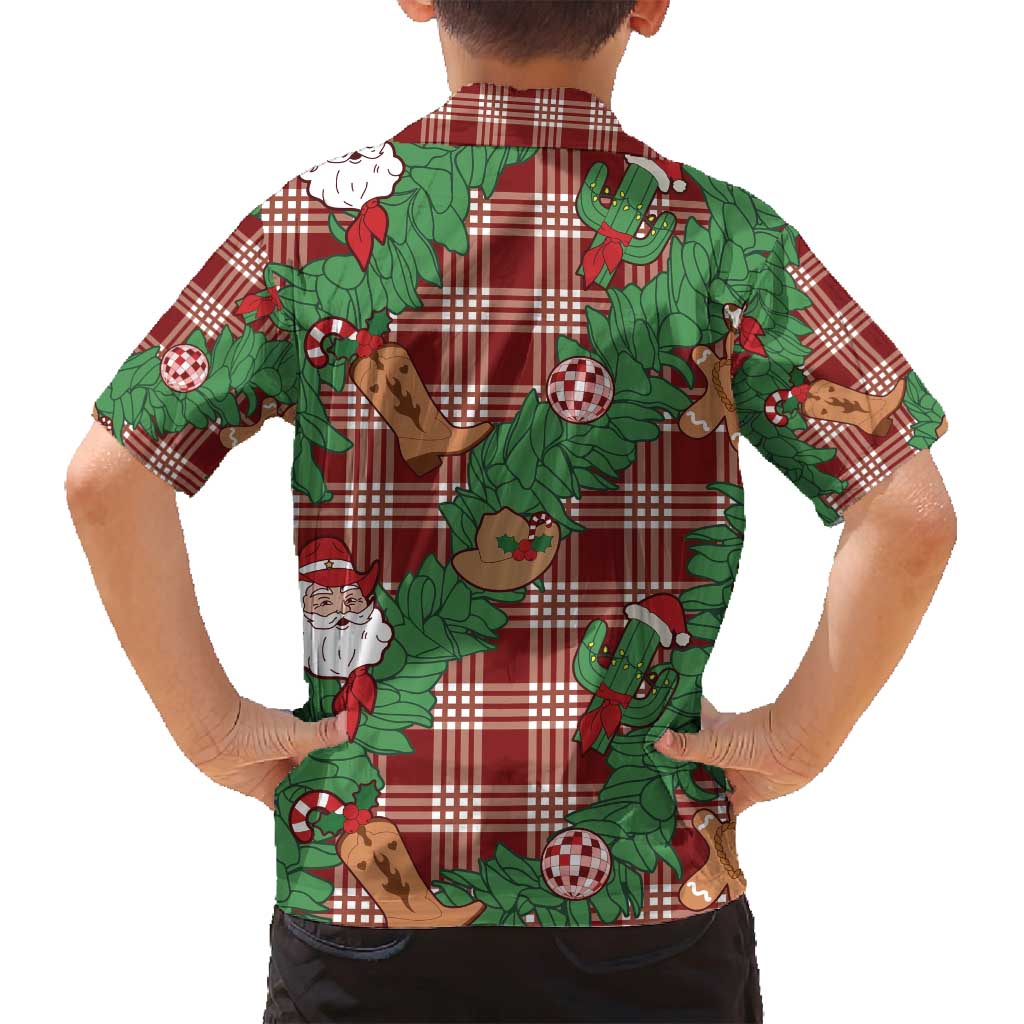 Red Palaka Hawaii Cowboy Christmas Family Matching Off Shoulder Maxi Dress and Hawaiian Shirt Paniolo Mix Maile Lei LT7 - Polynesian Pride