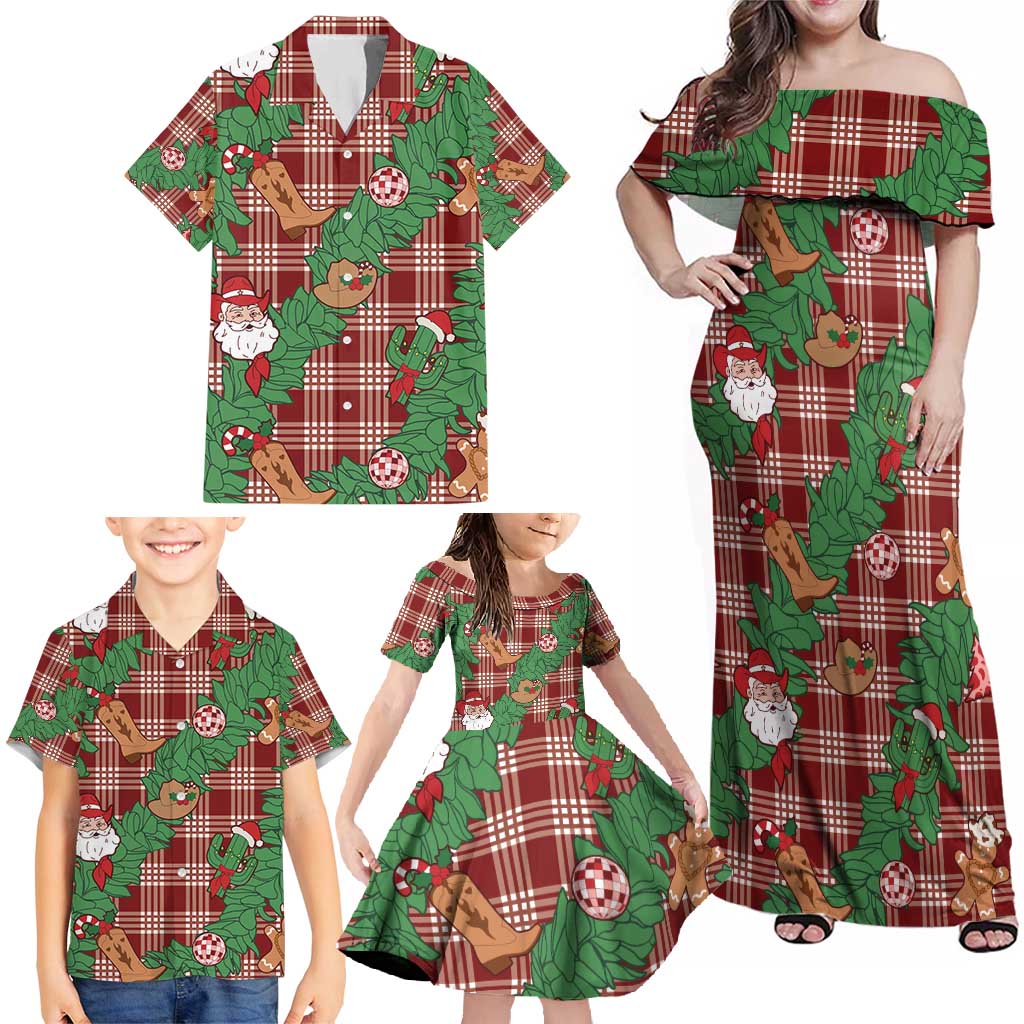 Red Palaka Hawaii Cowboy Christmas Family Matching Off Shoulder Maxi Dress and Hawaiian Shirt Paniolo Mix Maile Lei LT7 - Polynesian Pride