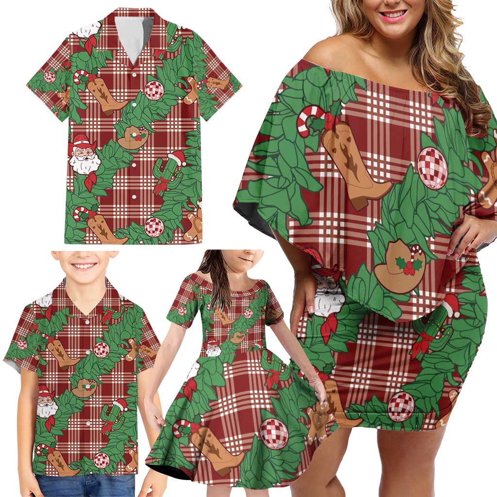 Red Palaka Hawaii Cowboy Christmas Family Matching Off Shoulder Short Dress and Hawaiian Shirt Paniolo Mix Maile Lei LT7 - Polynesian Pride