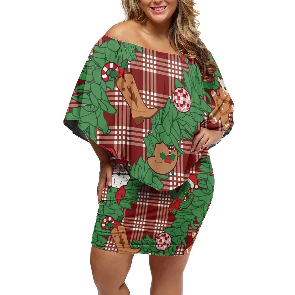 Red Palaka Hawaii Cowboy Christmas Family Matching Off Shoulder Short Dress and Hawaiian Shirt Paniolo Mix Maile Lei LT7 Mom's Dress Red - Polynesian Pride