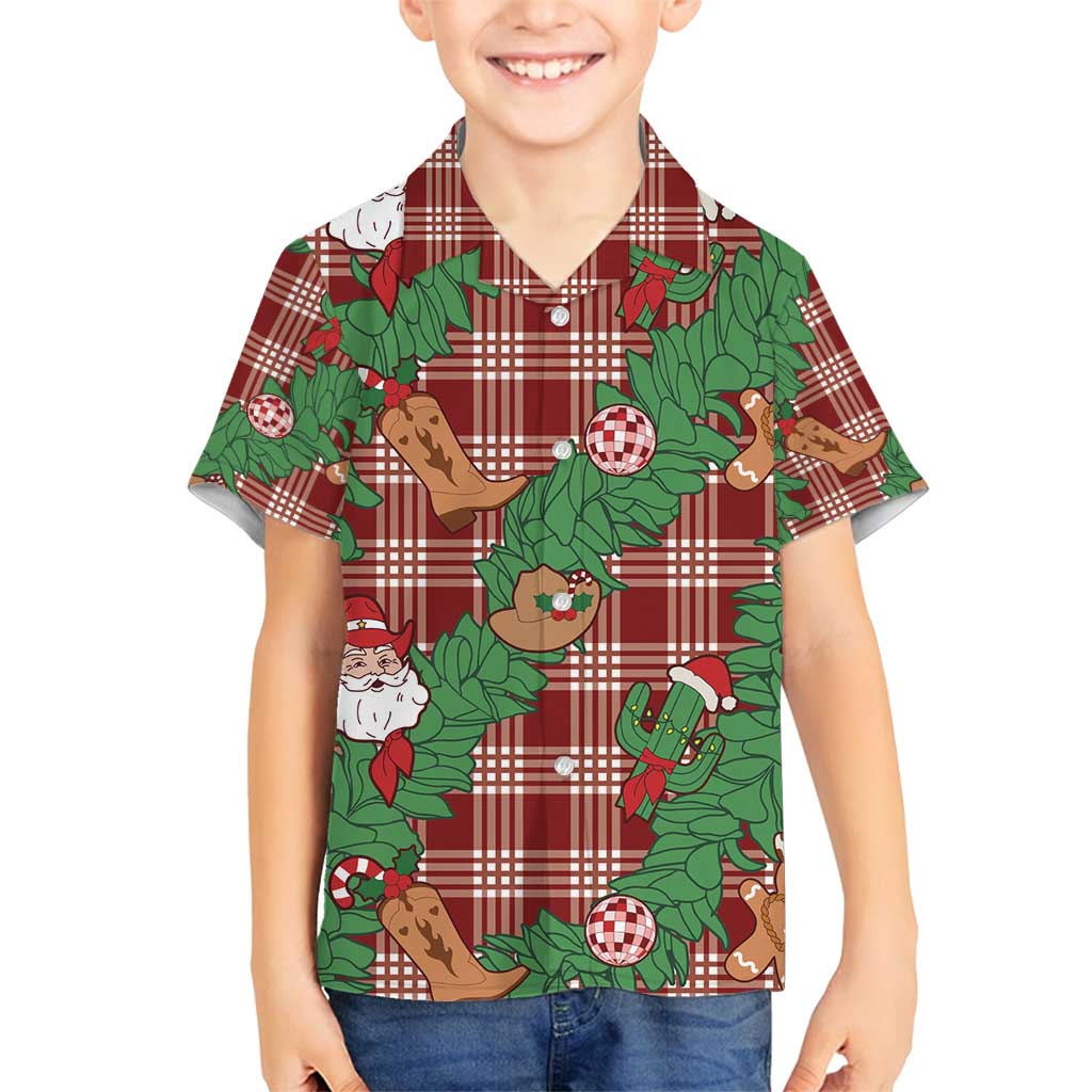 Red Palaka Hawaii Cowboy Christmas Family Matching Off Shoulder Short Dress and Hawaiian Shirt Paniolo Mix Maile Lei LT7 Son's Shirt Red - Polynesian Pride