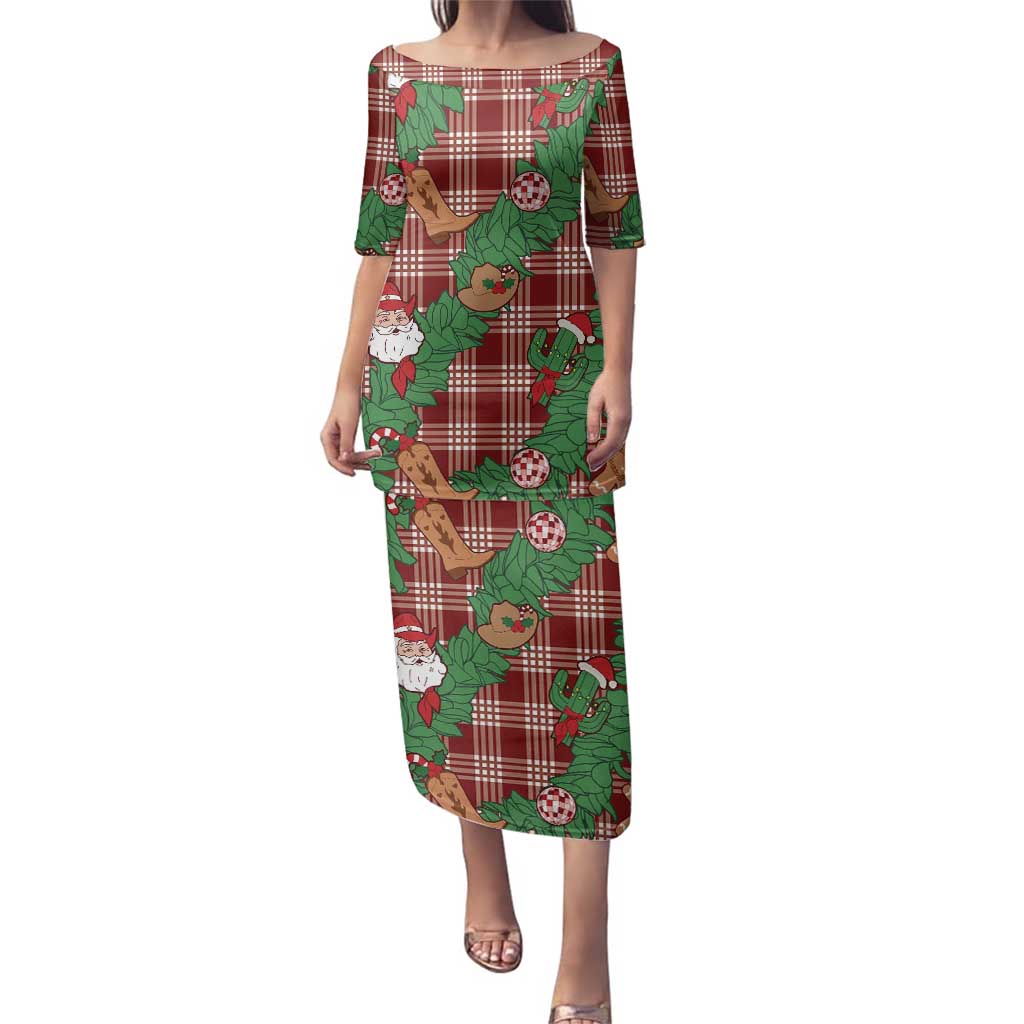 Red Palaka Hawaii Cowboy Christmas Family Matching Puletasi and Hawaiian Shirt Paniolo Mix Maile Lei LT7 Mom's Dress Red - Polynesian Pride