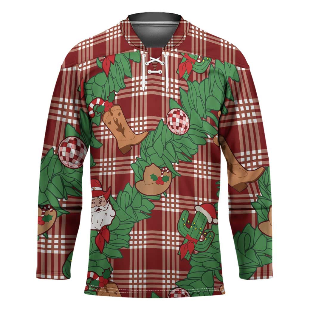 Red Palaka Hawaii Cowboy Christmas Hockey Jersey Paniolo Mix Maile Lei - Polynesian Pride
